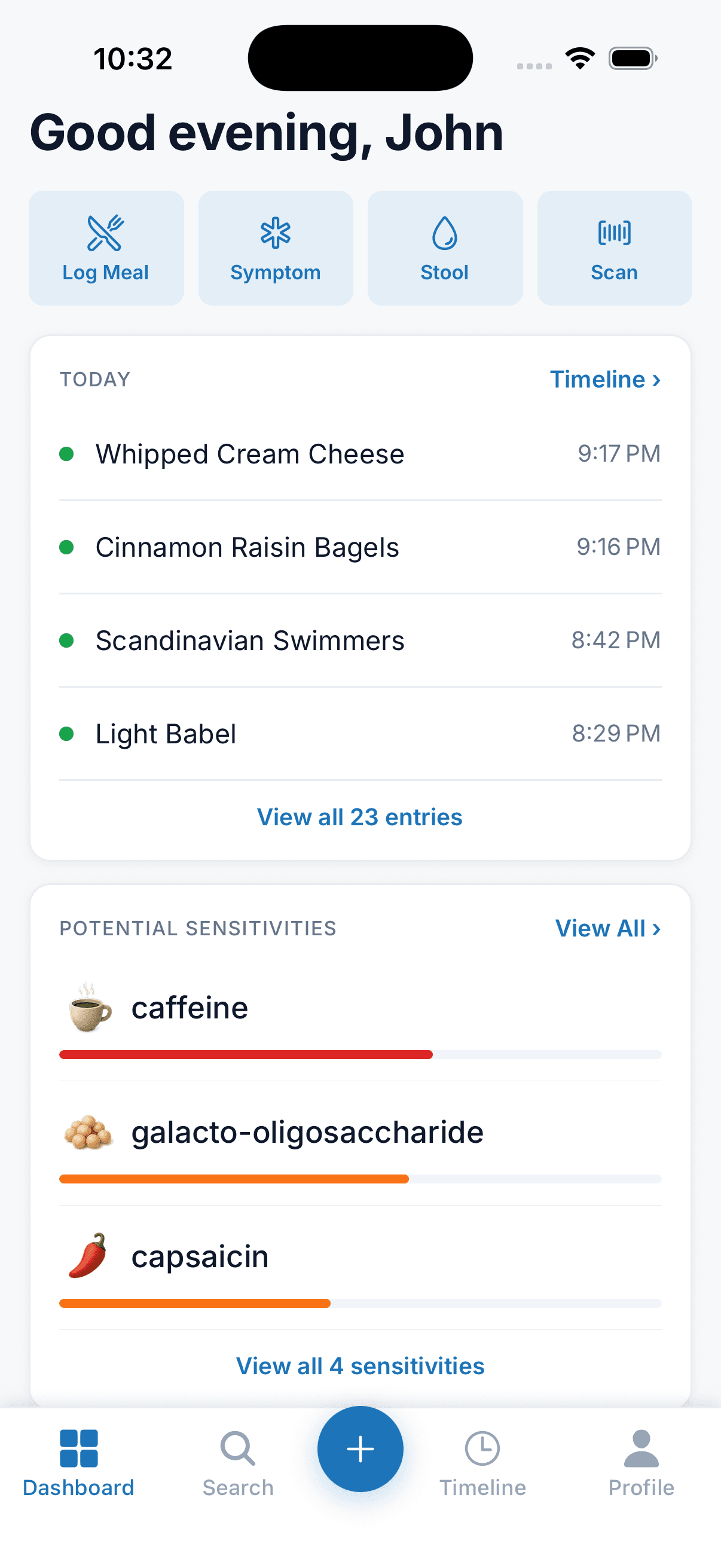 My Tummi dashboard showing symptom trends and potential sensitivities