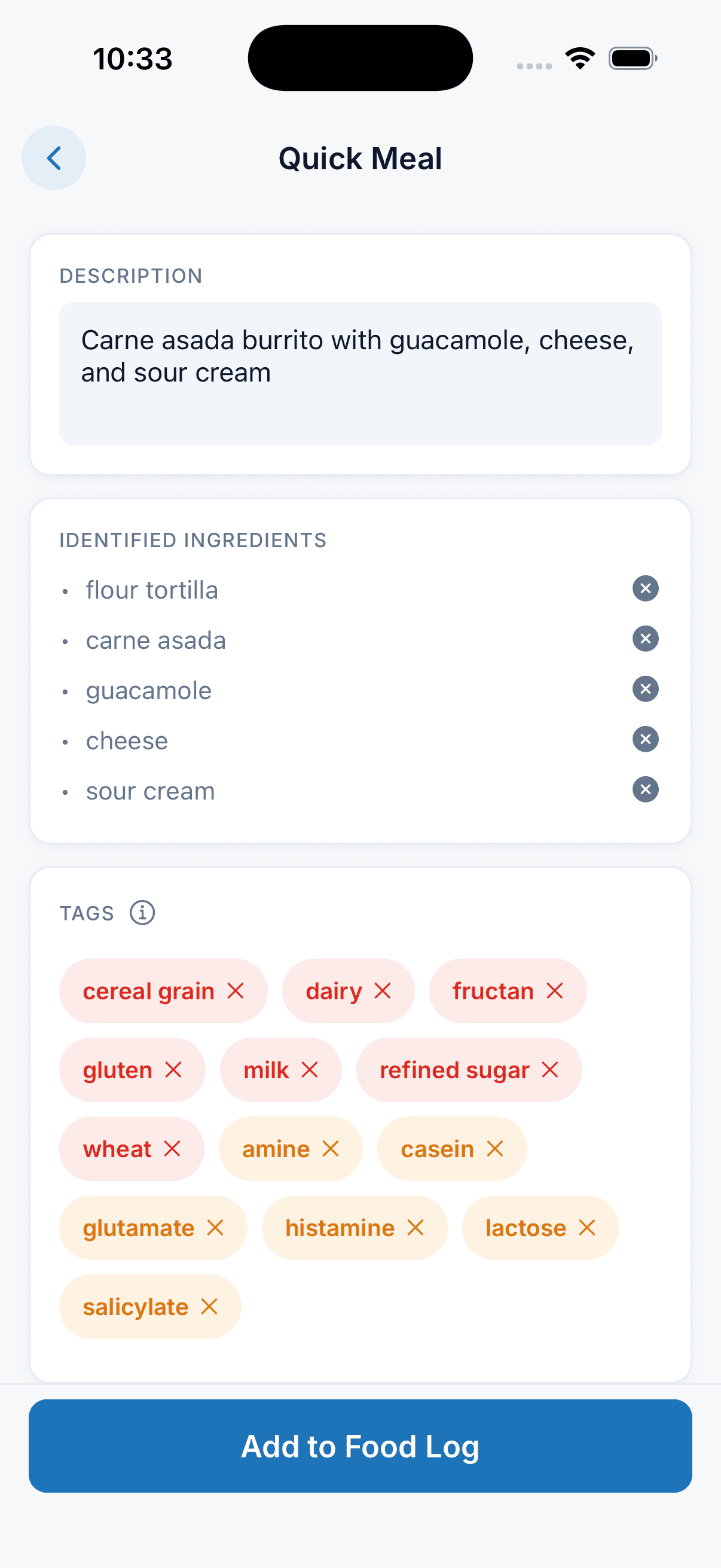 Quick Meal screen identifying ingredients and category tags from a text description