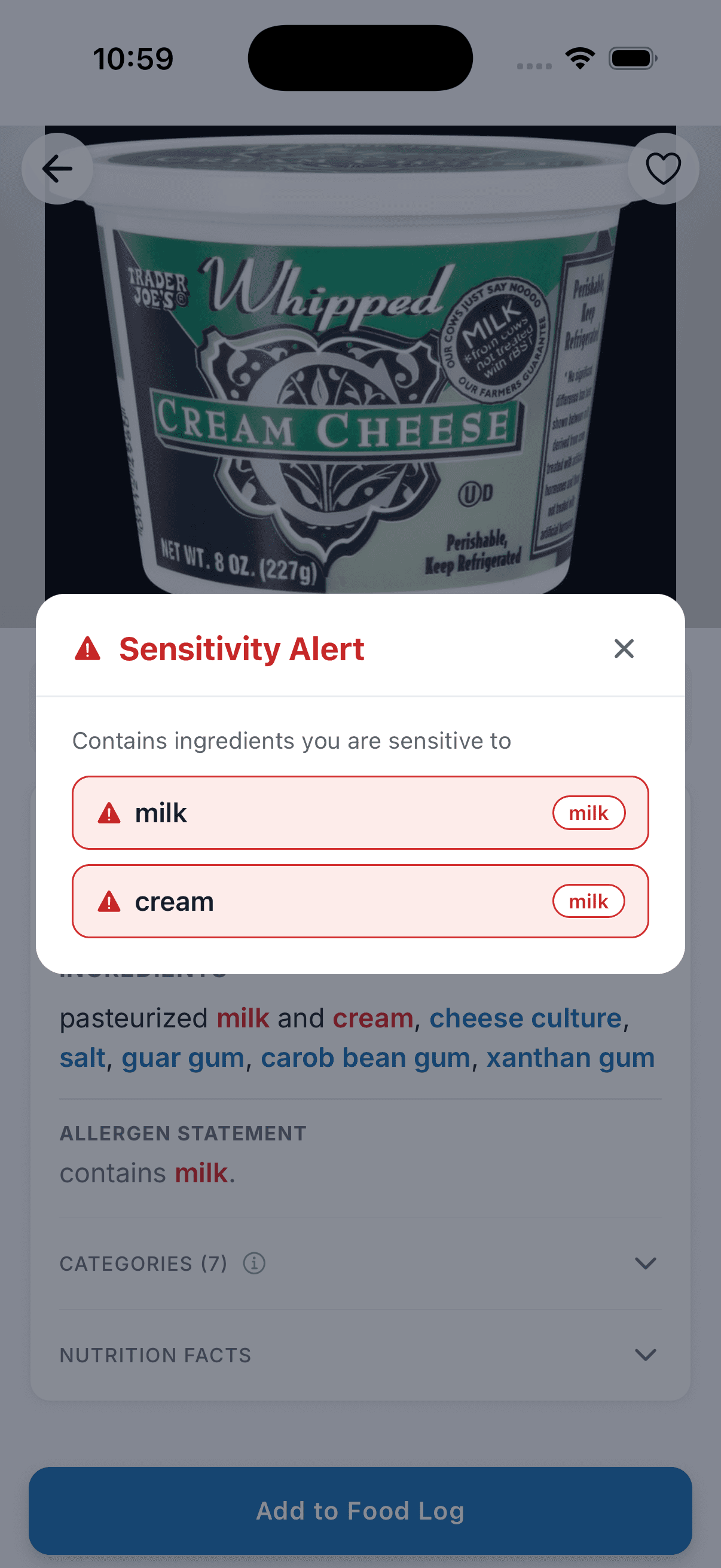 Product page showing a sensitivity alert for an ingredient you are sensitive to