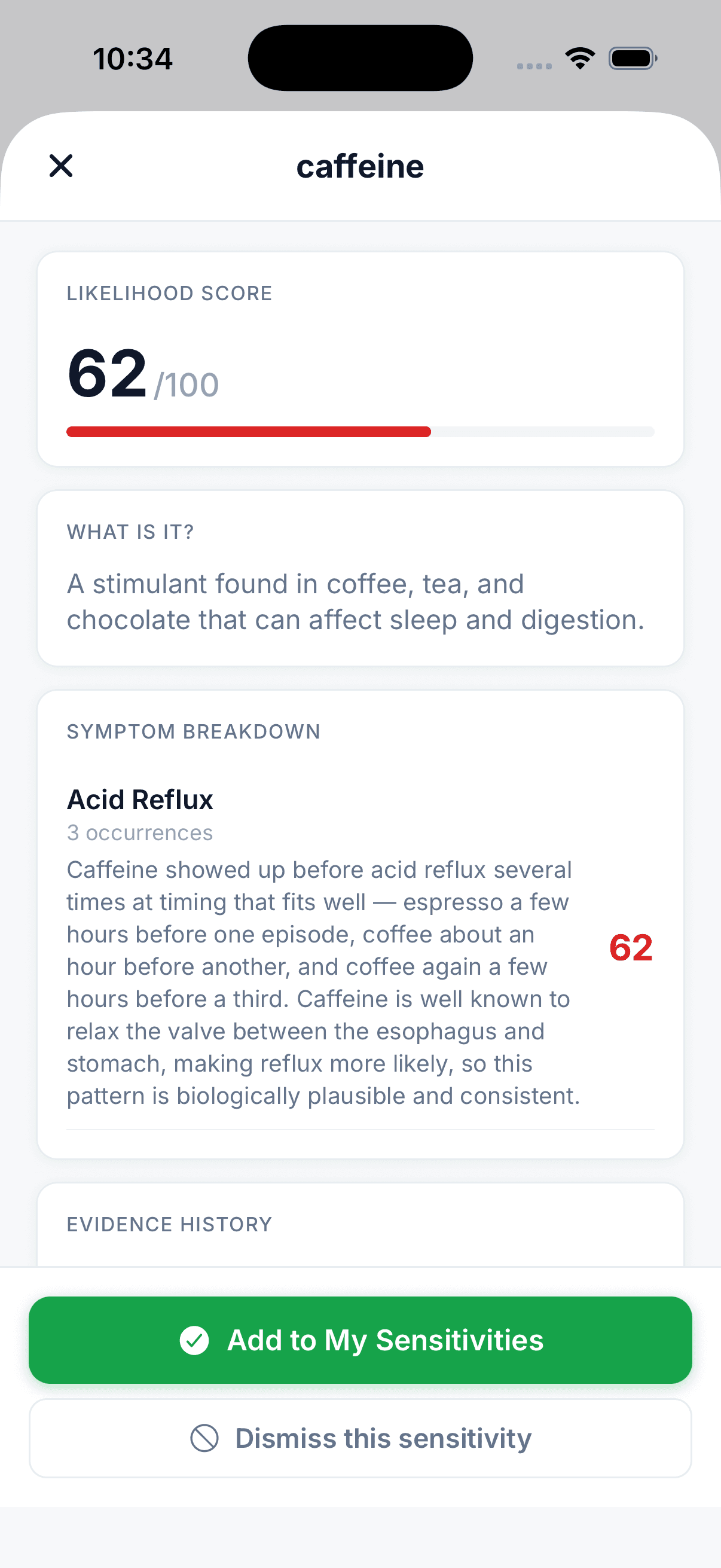Sensitivity detail screen with likelihood score and per-symptom evidence